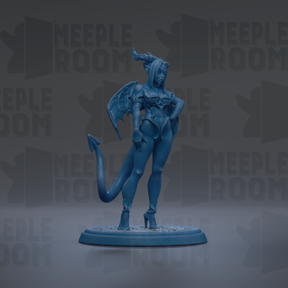 A blue figurine of a winged, winged creature with horns and a tail, standing on a blue base against a dark background with repeated text.