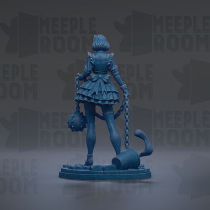 A blue statue of a woman with a ruffled skirt and holding a chain, standing on a platform.