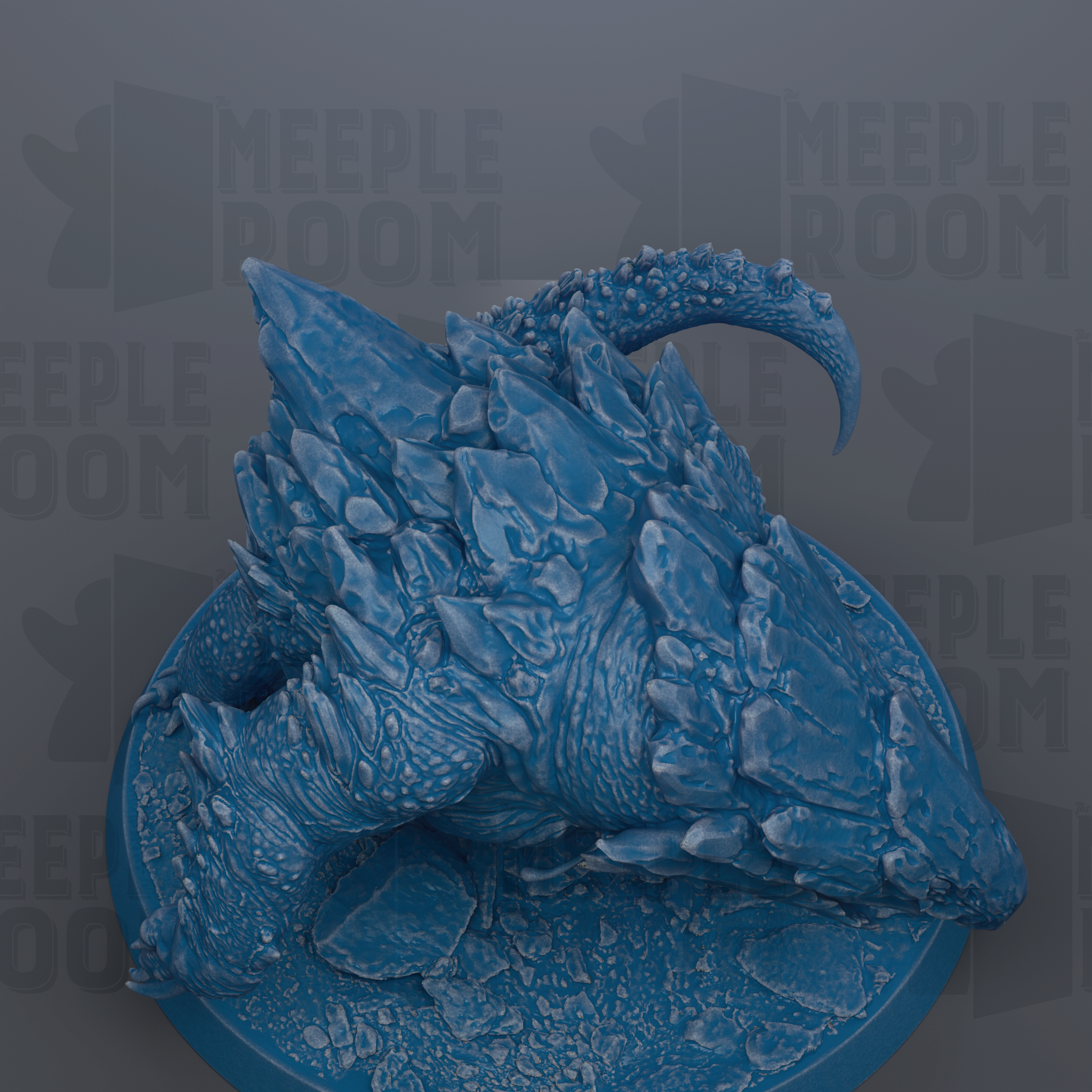 A detailed 3D rendering of a blue, icy-looking creature with sharp teeth and claws, sitting on a blue base.