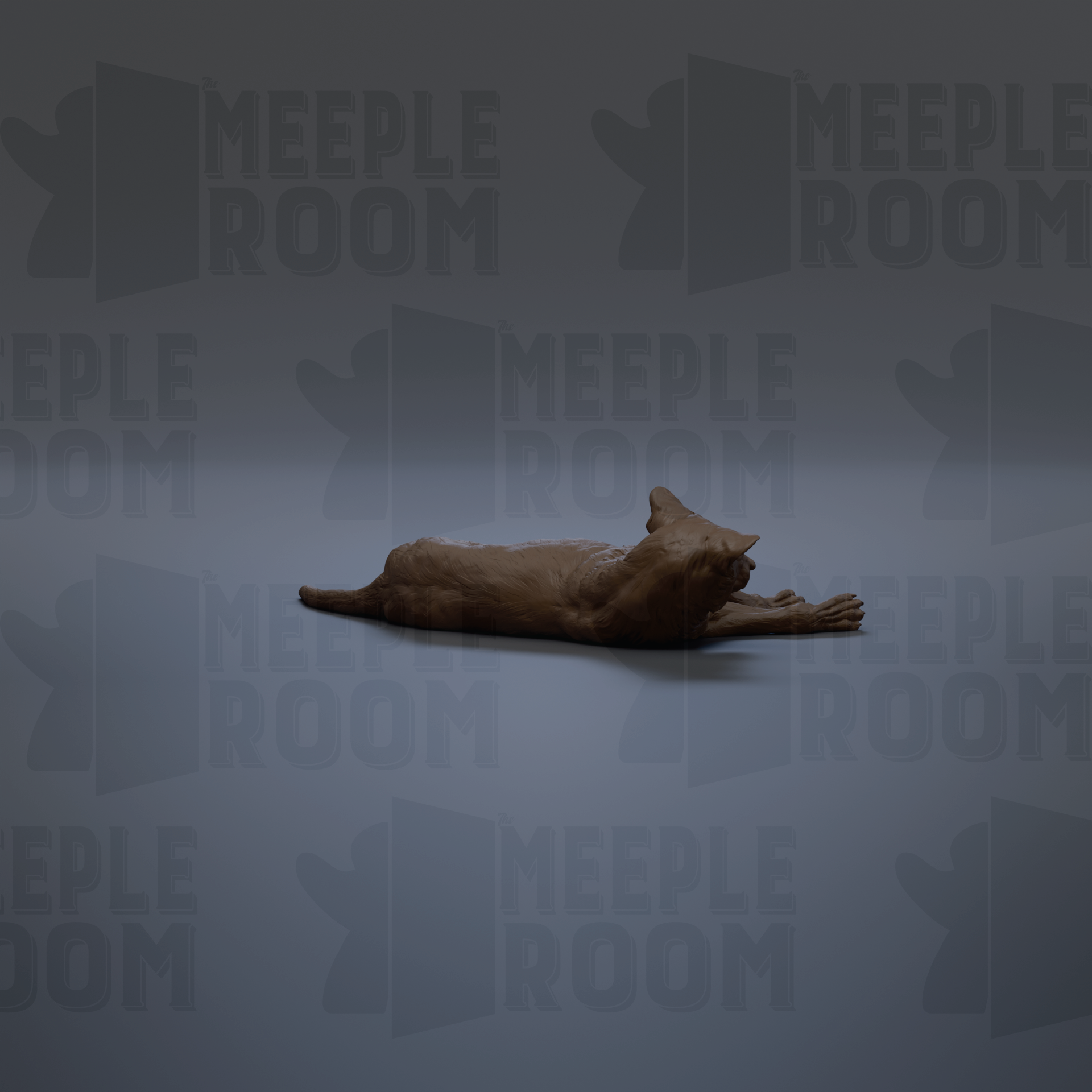A brown cat is lying on the floor in the center of the image.