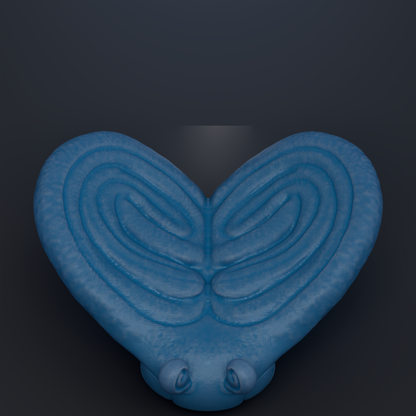 A blue heart-shaped object with a spiral pattern on it, set against a dark background.