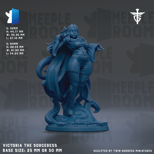 The image is a figurine of a woman, specifically named Victoria, the witchess, with a base size of 25 mm or 50 mm.