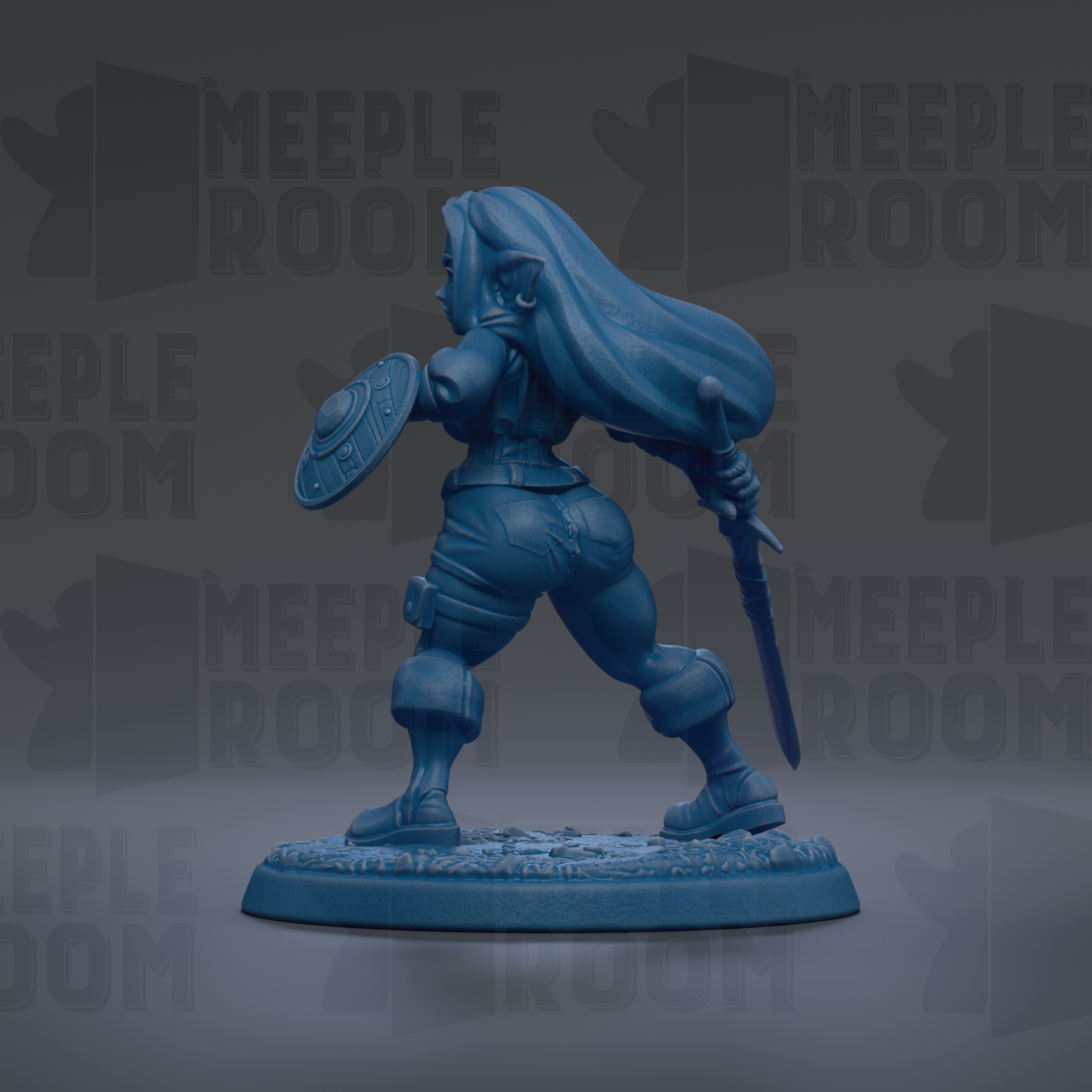 A blue figurine of a female character with long hair, holding a shield and sword, standing on a base.