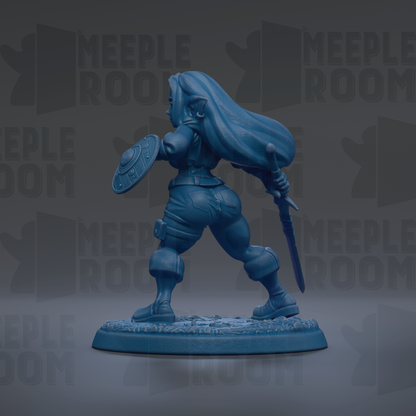 A blue figurine of a female character with long hair, holding a shield and sword, standing on a base.