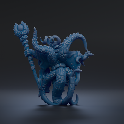 A 3D rendering of a blue, fantastical creature with multiple tentacles and a staff, set against a dark background.