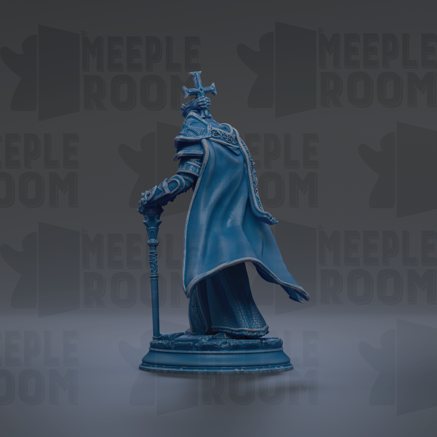 A blue statue of a figure holding a staff and wearing a cape, standing against a dark background with repeated text.
