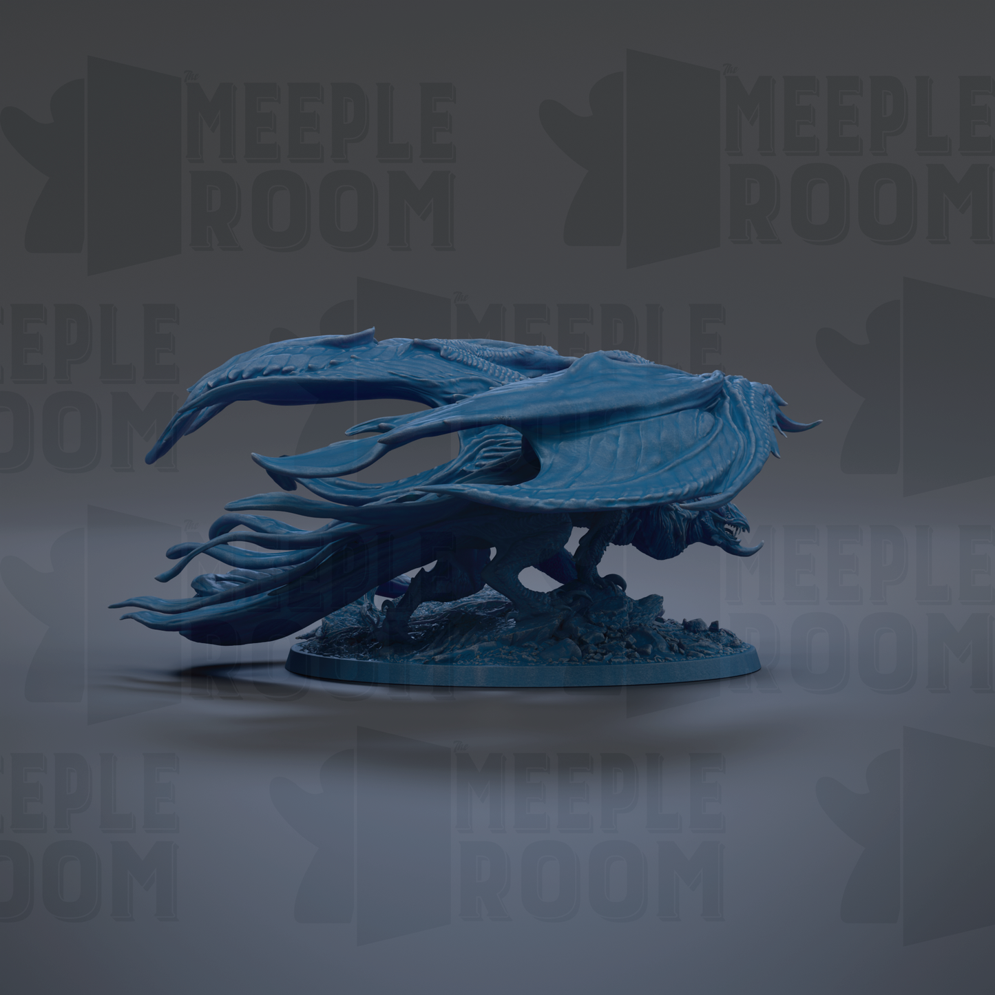 A blue dragon figurine is displayed against a dark background with repeated text.