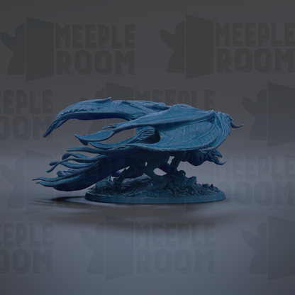 A blue dragon figurine is displayed against a dark background with repeated text.