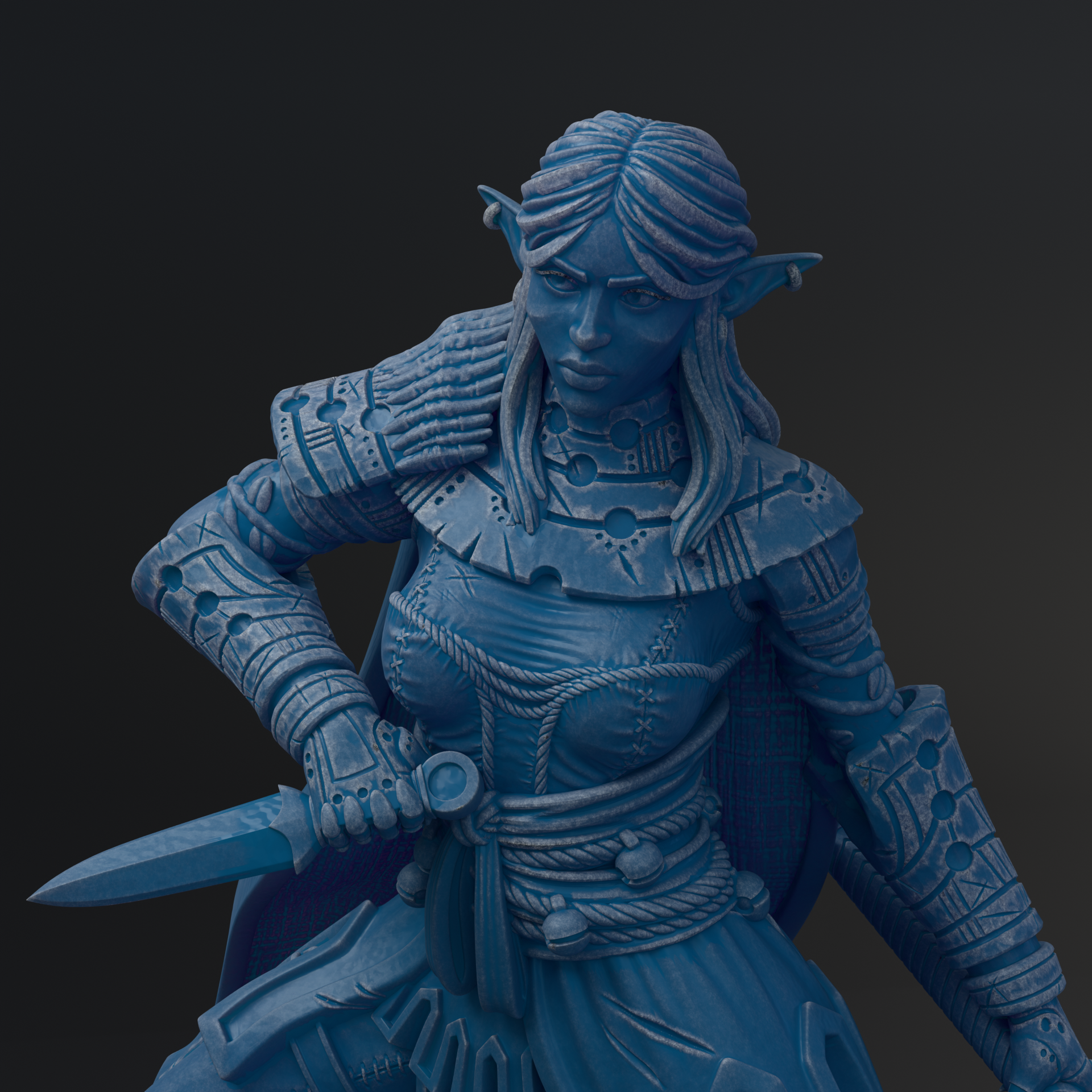 A detailed 3D rendering of a female warrior figure, with intricate armor and a sword in her hand.