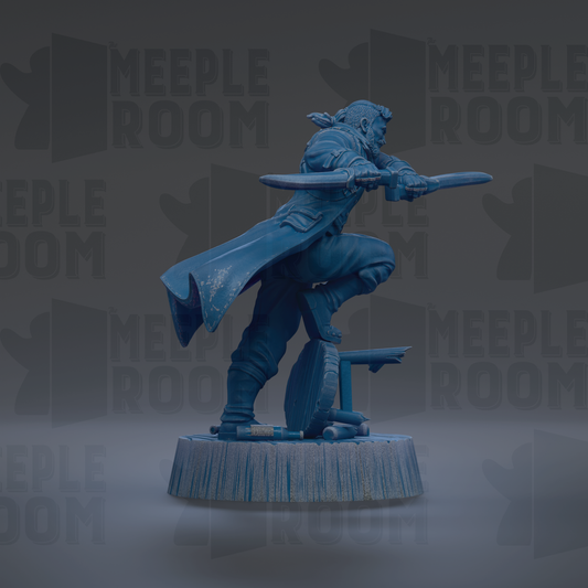 A blue statue of a person holding a sword and shield, standing on a pedestal.