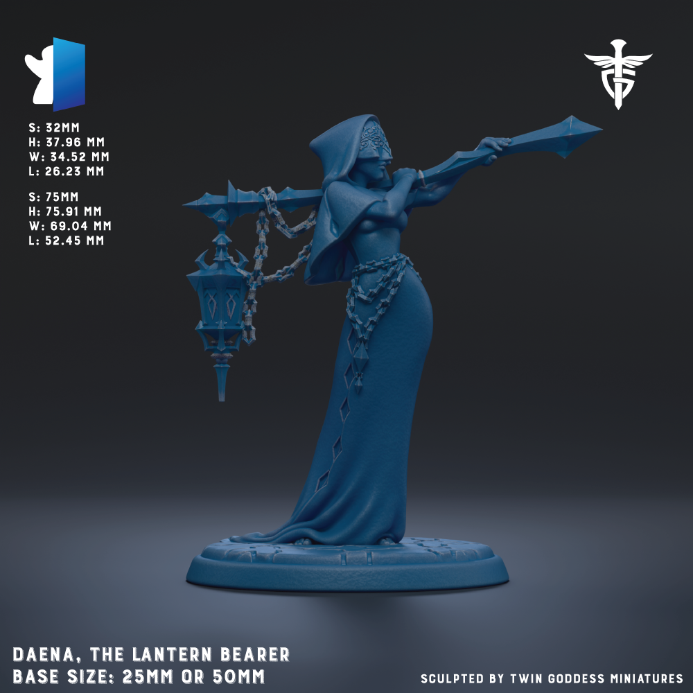 a statue of a woman holding a lantern, with a dark background. The statue is of a base size of 25mm or 50mm.