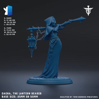 a statue of a woman holding a lantern, with a dark background. The statue is of a base size of 25mm or 50mm.