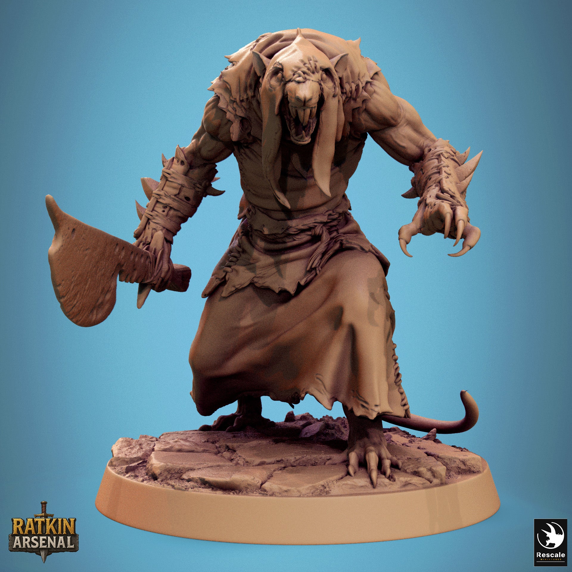 A 3D model of a fierce-looking monster with sharp teeth and claws, holding a large weapon in its hands, standing on a rocky base.