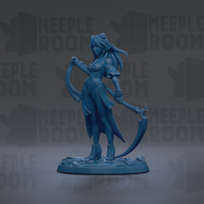 A blue figurine of a woman with long hair and a flowing dress stands on a base, holding a sword in her right hand.