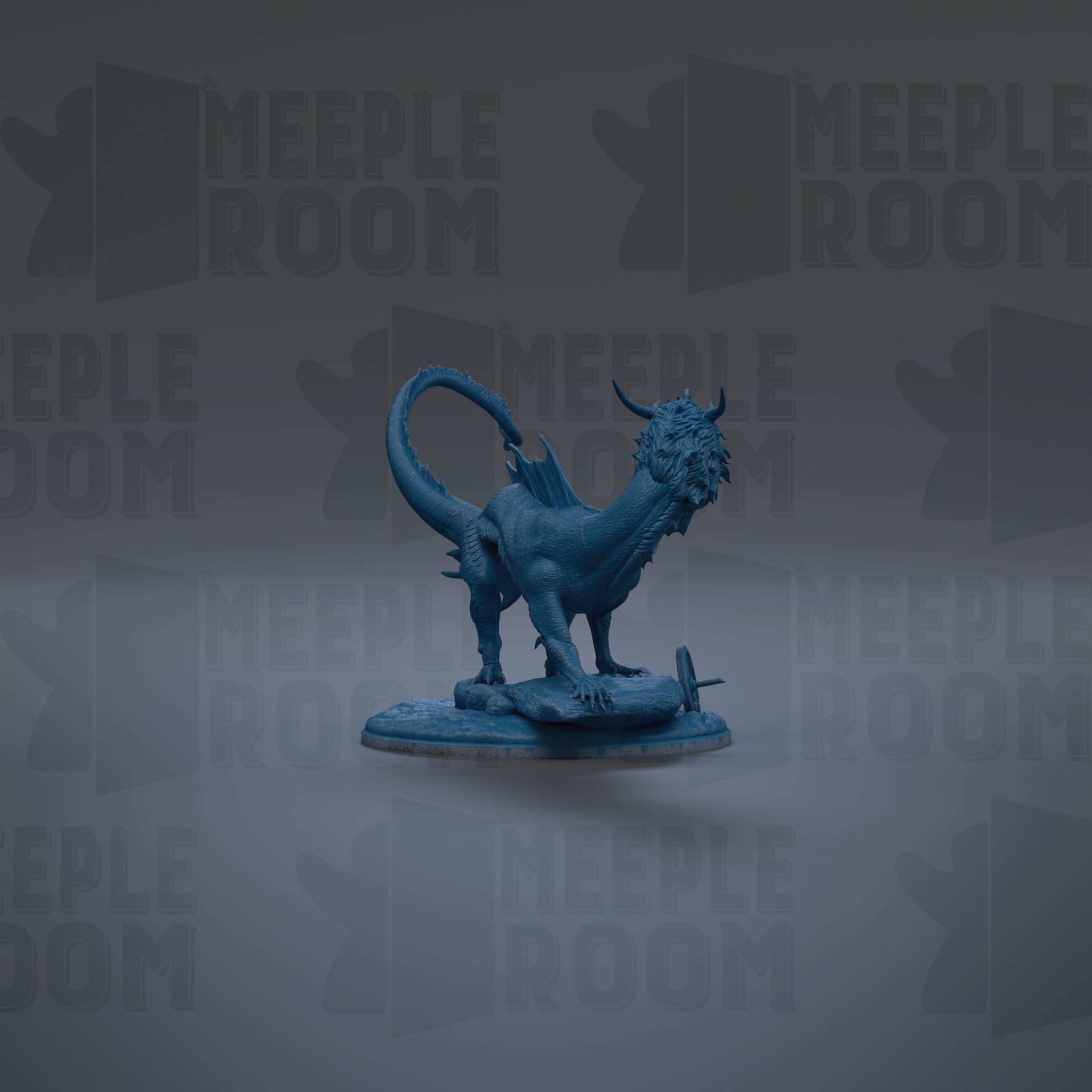 A blue dragon figurine is displayed against a dark background with repeated text.