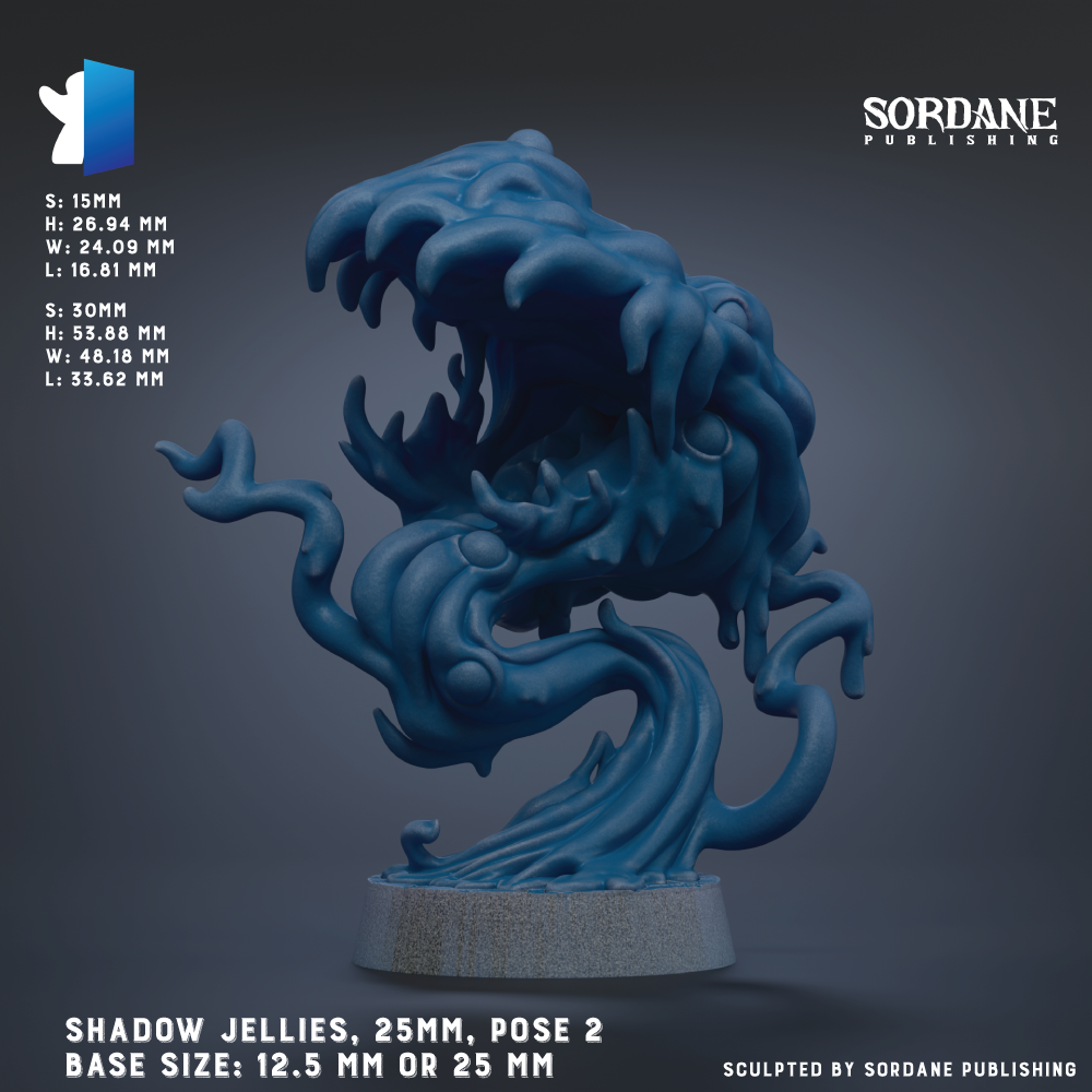 The image is a 3D rendering of a blue, abstract sculpture with a large, open mouth and a twisted, organic shape. The sculpture appears to be made of a material that resembles jelly or a similar substance. The image is described as a "Shadow Jellies" and is positioned at the center of the image. The sculpture is described as a "Base Size: 12.5 mm" or "Base Size: 25 mm". The image is published by Sordane Publishing.