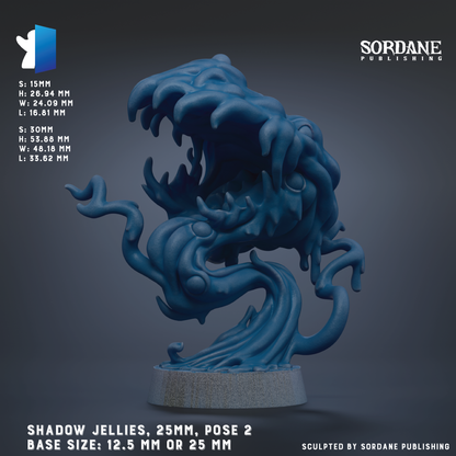 The image is a 3D rendering of a blue, abstract sculpture with a large, open mouth and a twisted, organic shape. The sculpture appears to be made of a material that resembles jelly or a similar substance. The image is described as a "Shadow Jellies" and is positioned at the center of the image. The sculpture is described as a "Base Size: 12.5 mm" or "Base Size: 25 mm". The image is published by Sordane Publishing.