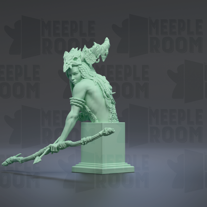 A green statue of a woman with a headdress and a spear, set against a dark background with repeated text.