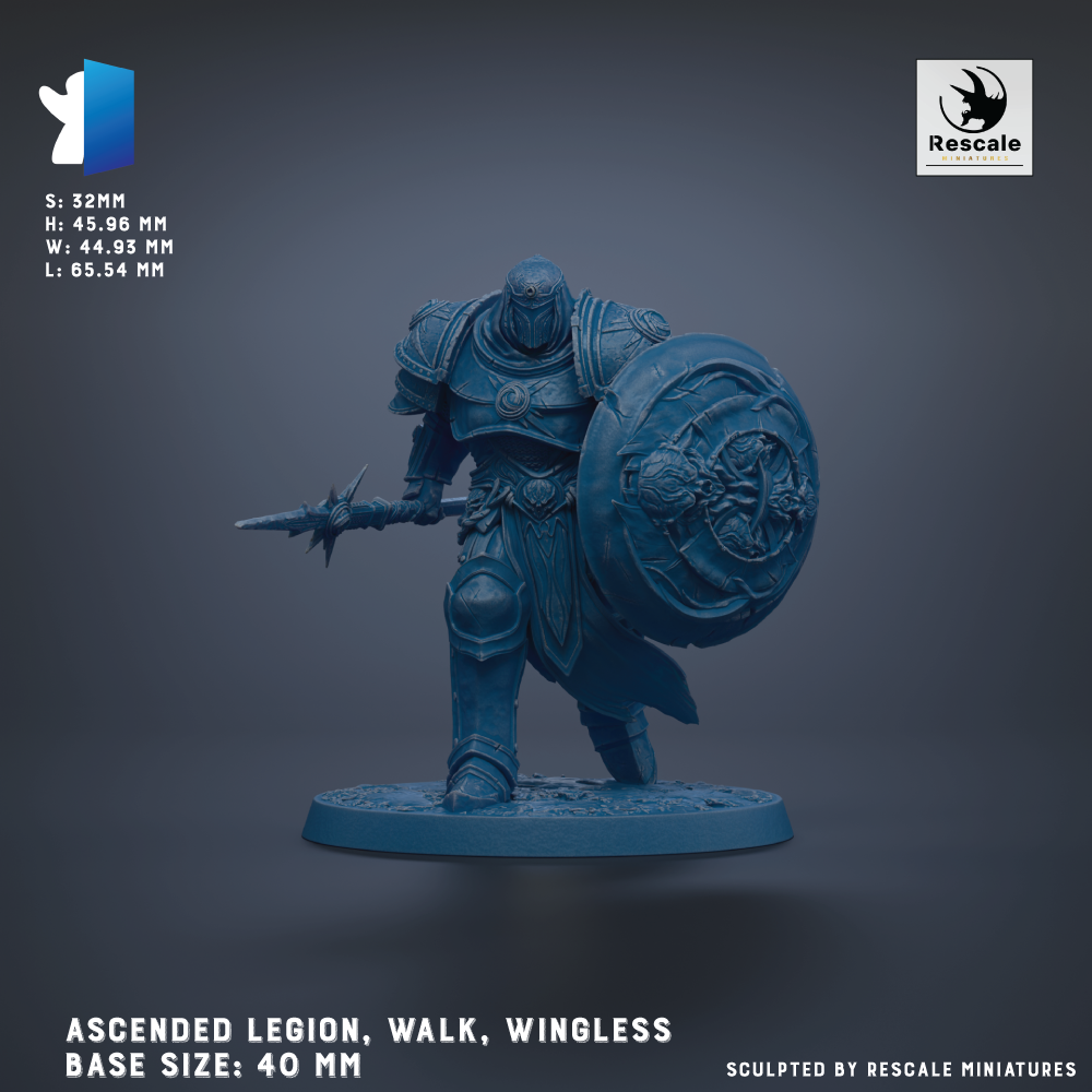 a blue armored warrior figure, specifically an ascended legion, with a shield and a sword, standing on a base.