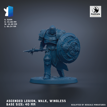 a blue armored warrior figure, specifically an ascended legion, with a shield and a sword, standing on a base.