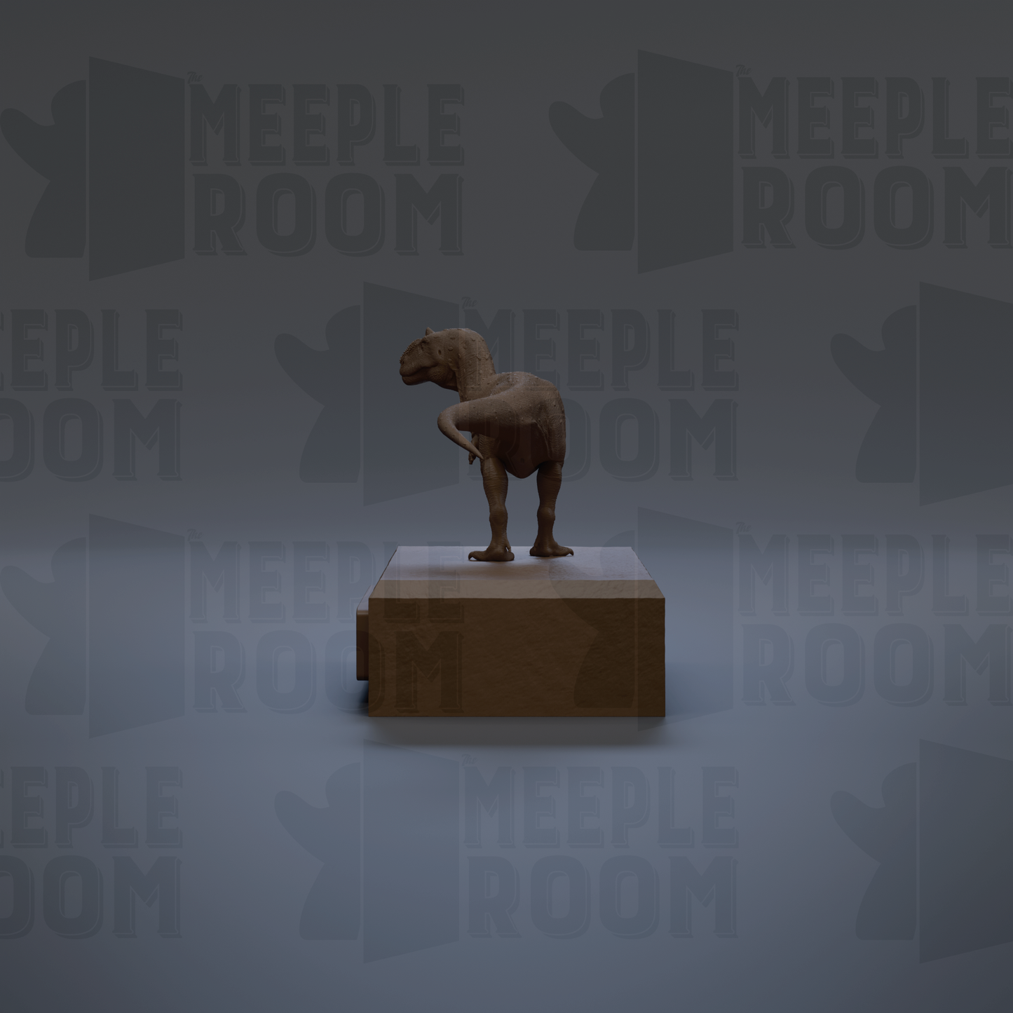 A 3D rendering of a dinosaur statue standing on a wooden base against a gray background with repeated "MEIPLE ROOM" text.
