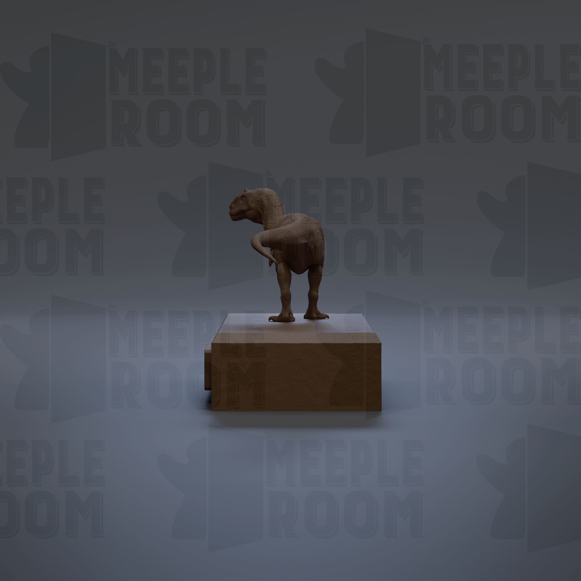 A 3D rendering of a dinosaur statue standing on a wooden base against a gray background with repeated "MEIPLE ROOM" text.