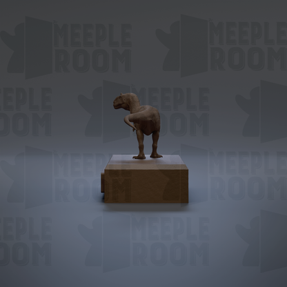 A 3D rendering of a dinosaur statue standing on a wooden base against a gray background with repeated "MEIPLE ROOM" text.