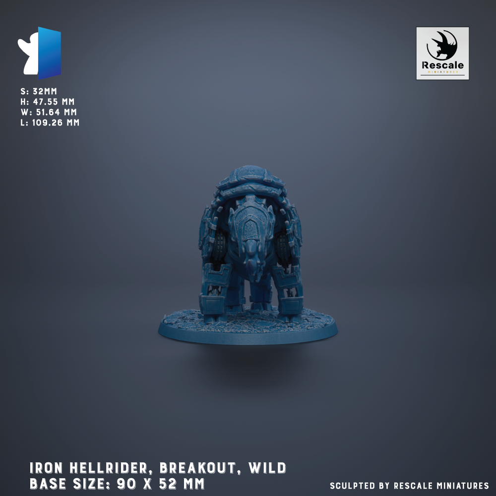 a blue mechanical figure resembling a robot or mechanical creature, standing on a base. The base sizes are 90 x 52 mm, and the figure is described as an "Iron Hellrider, Breakout, Wild" based on the text provided.