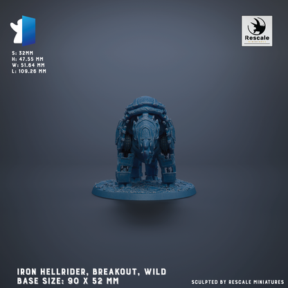 a blue mechanical figure resembling a robot or mechanical creature, standing on a base. The base sizes are 90 x 52 mm, and the figure is described as an "Iron Hellrider, Breakout, Wild" based on the text provided.