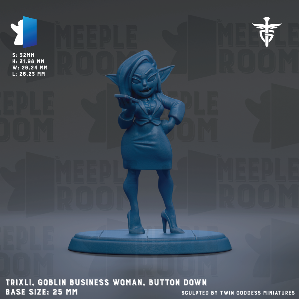 A blue figurine of a woman dressed in a business suit, standing on a platform and holding a briefcase.