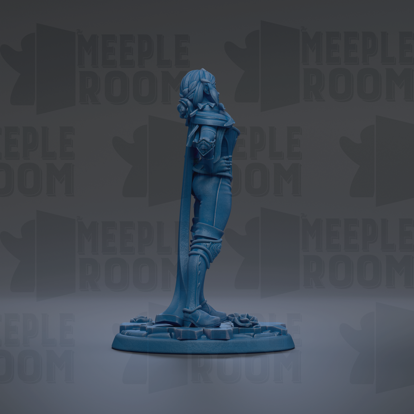 A blue figurine of a person standing on a platform against a dark background with repeated text.