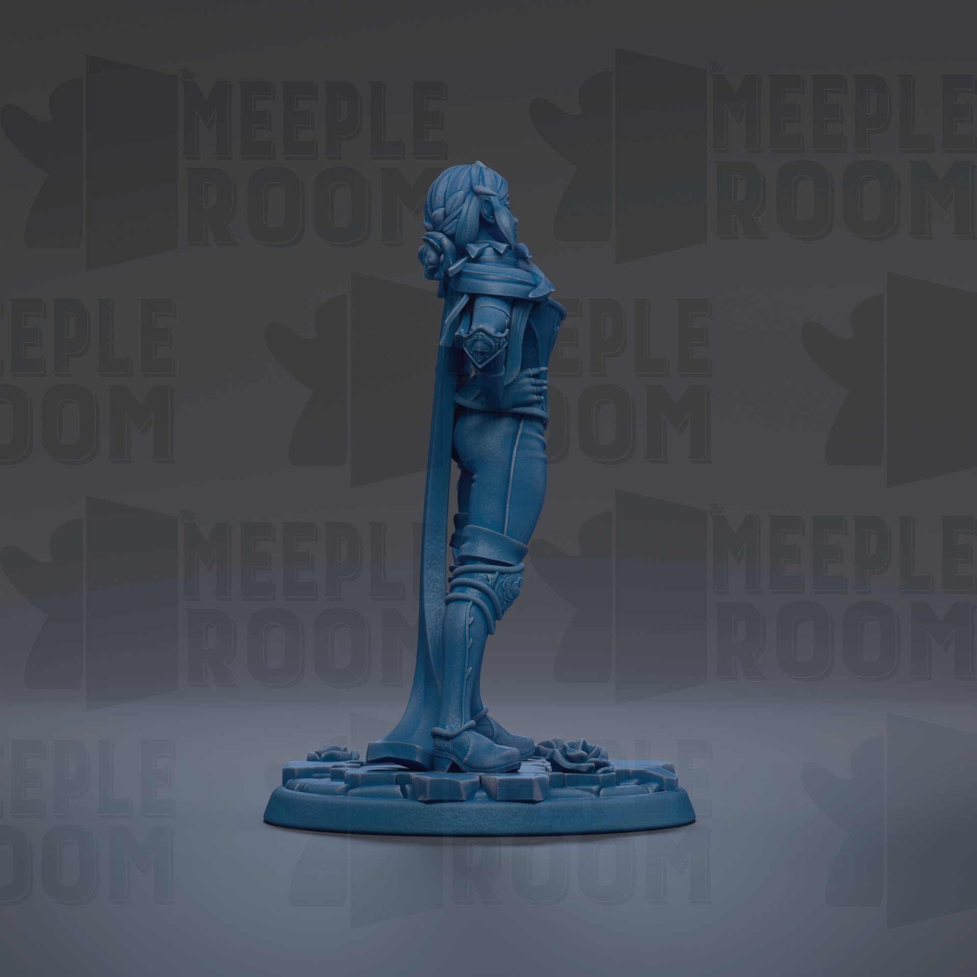 A blue figurine of a person standing on a platform against a dark background with repeated text.
