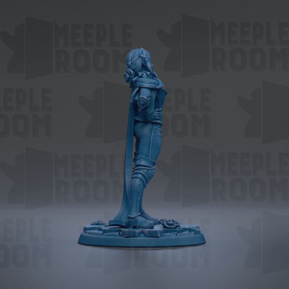 A blue figurine of a person standing on a platform against a dark background with repeated text.