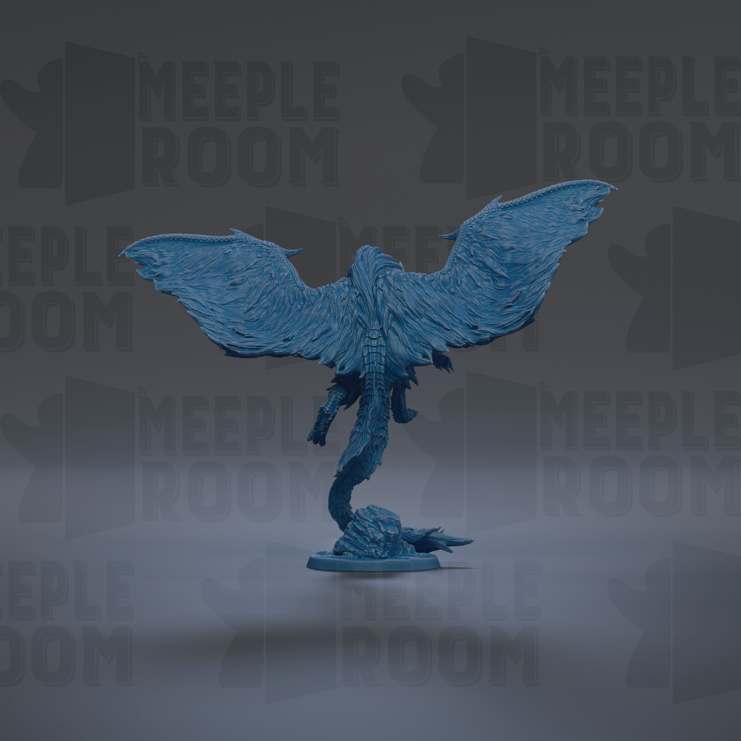 A blue dragon statue with outstretched wings is the central focus of the image.