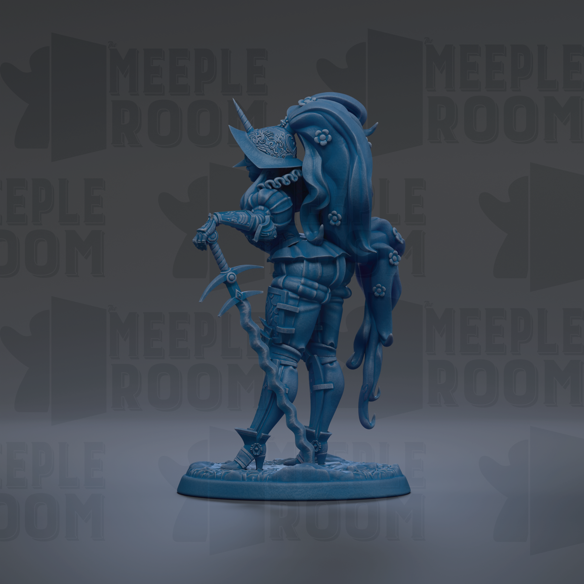 A blue figurine of a knight-like character with a long, flowing cape and a sword, standing on a base.