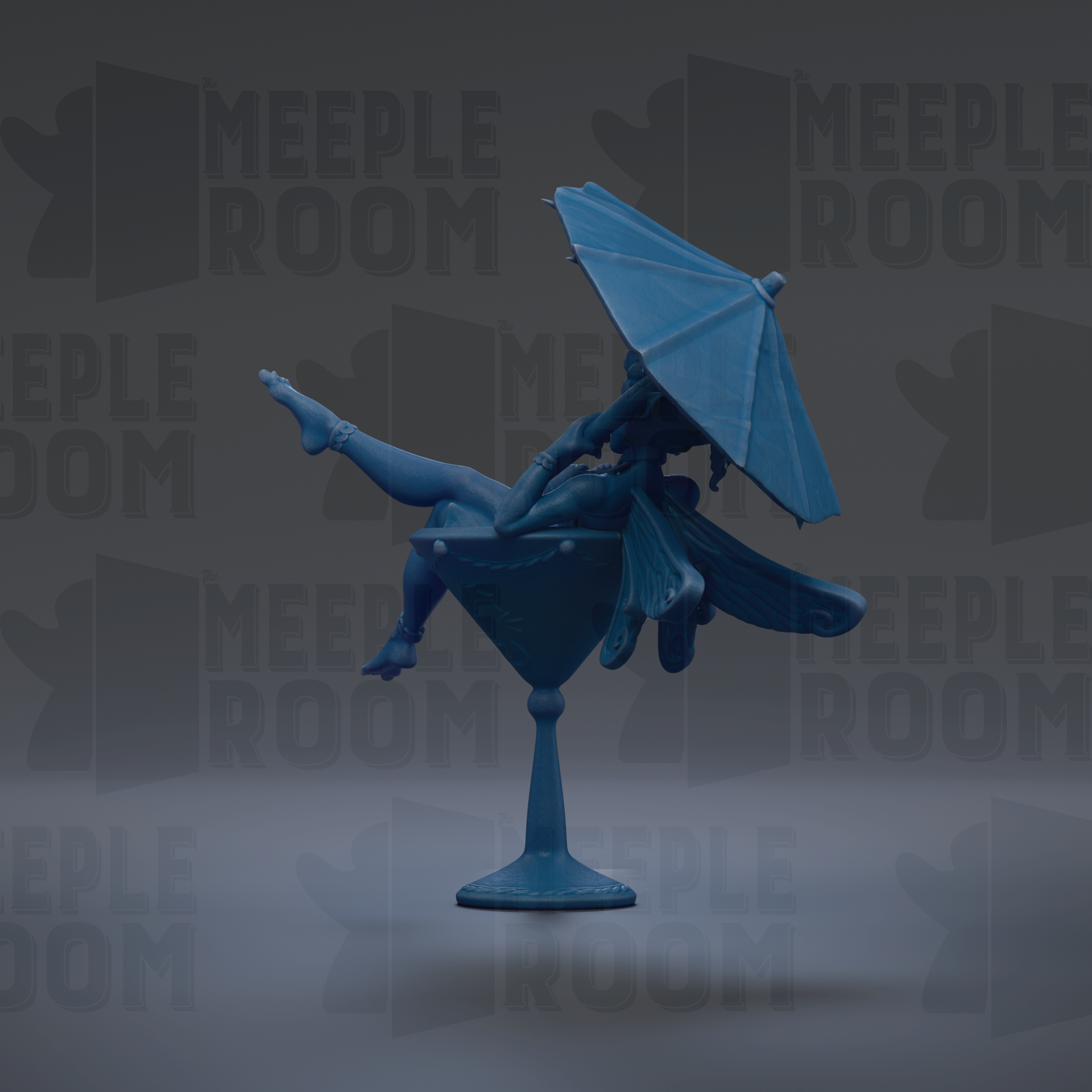 A blue figurine of a fairy sitting in a martini glass, holding an umbrella.