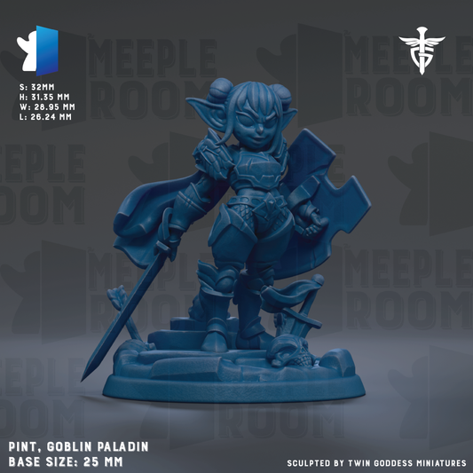 The image is a 3D model of a blue pinnodin, a type of fantasy character, with a sword and shield. The pinnodin is depicted in a dynamic pose, standing on a base and holding a shield. The image is described as a "base size: 25mm" and is labeled as "PINT, GOBlin PALADIN".