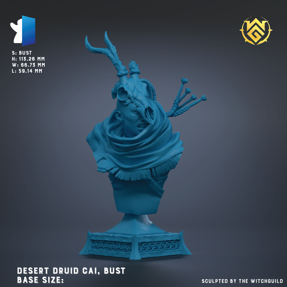 The image is a 3D model of a blue bust of a desert Druid character named Bust, which is a figurine of a Druid with a large head and a long beard. The bust is displayed on a blue base, and the image is labeled with the text "Desert Druid Cai, Bust Base sizes: S-rust H=115.28 MM W=83.75 MM L=91.14 MM".