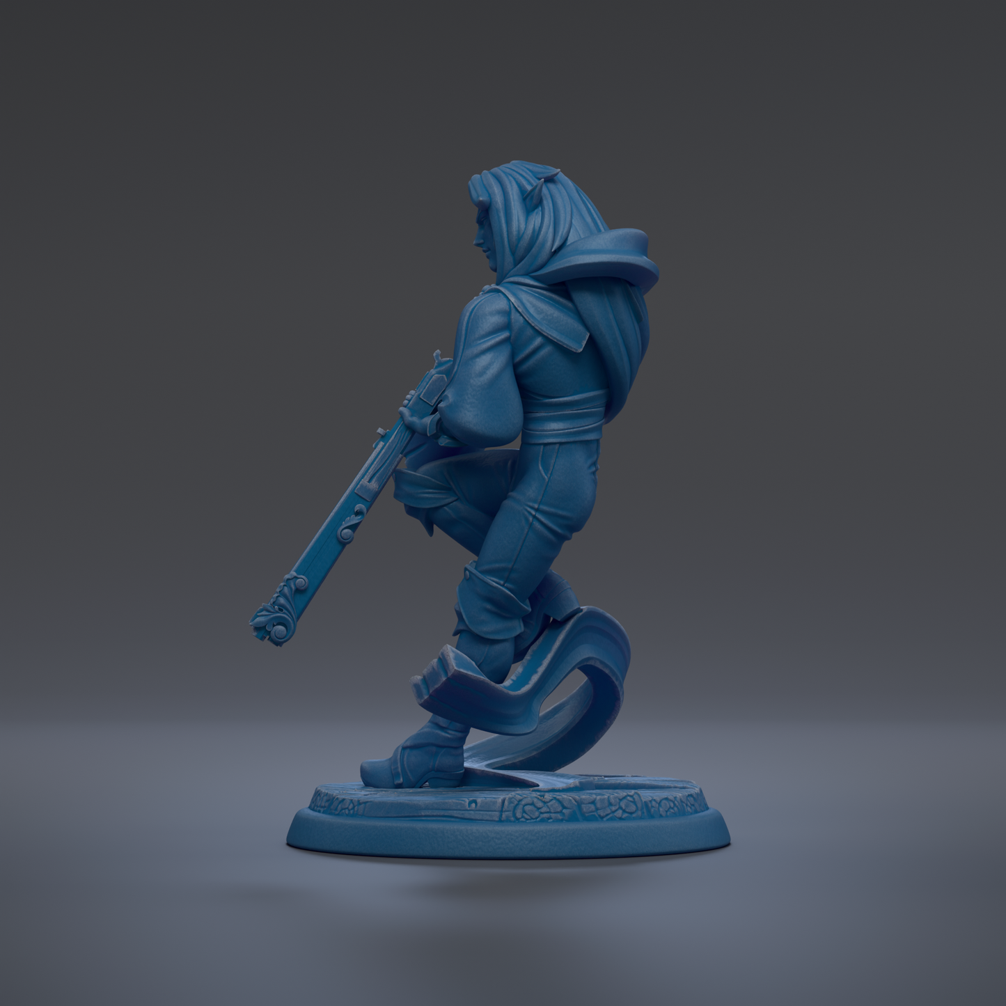 A blue 3D model of a character holding a weapon, standing on a base.