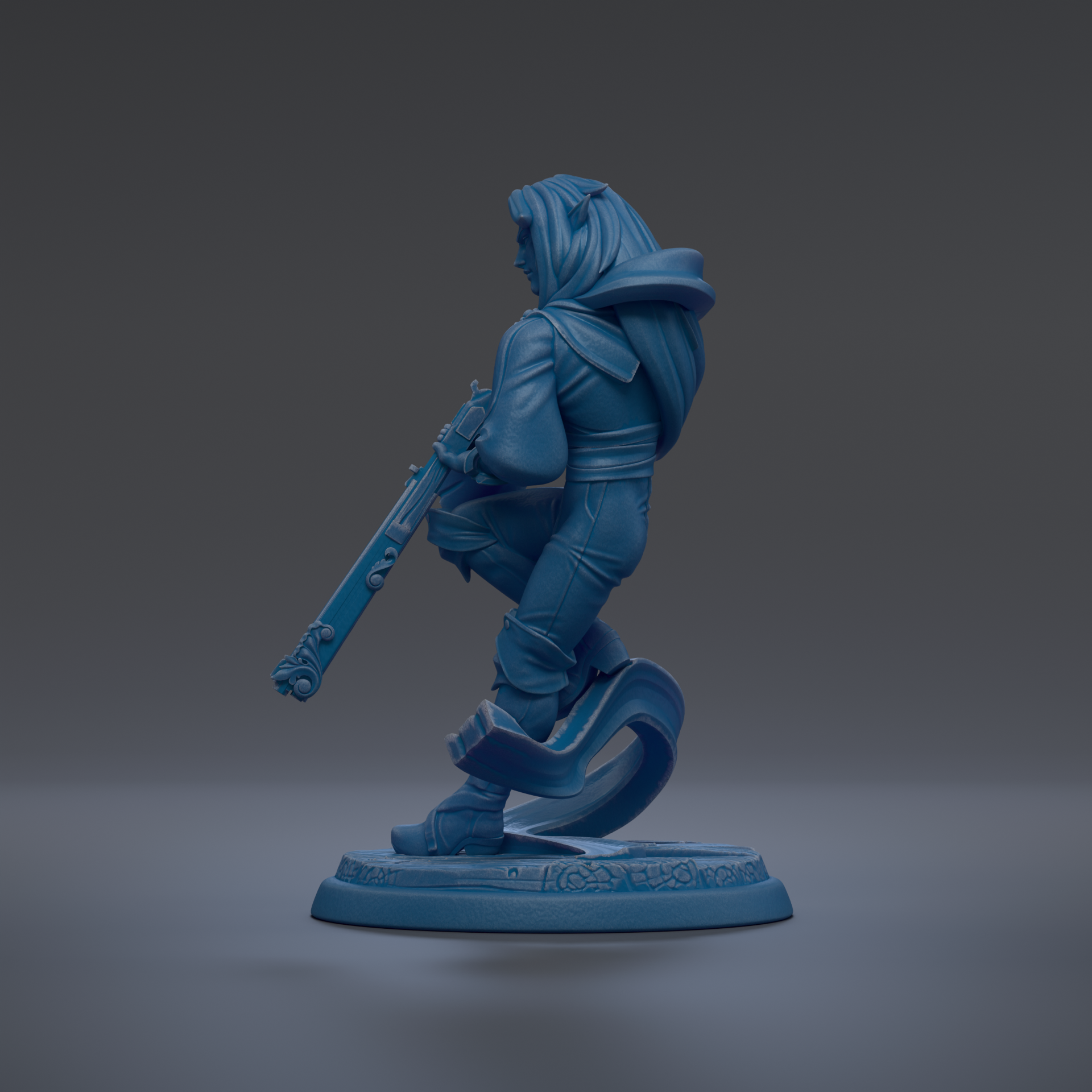 A blue 3D model of a character holding a weapon, standing on a base.