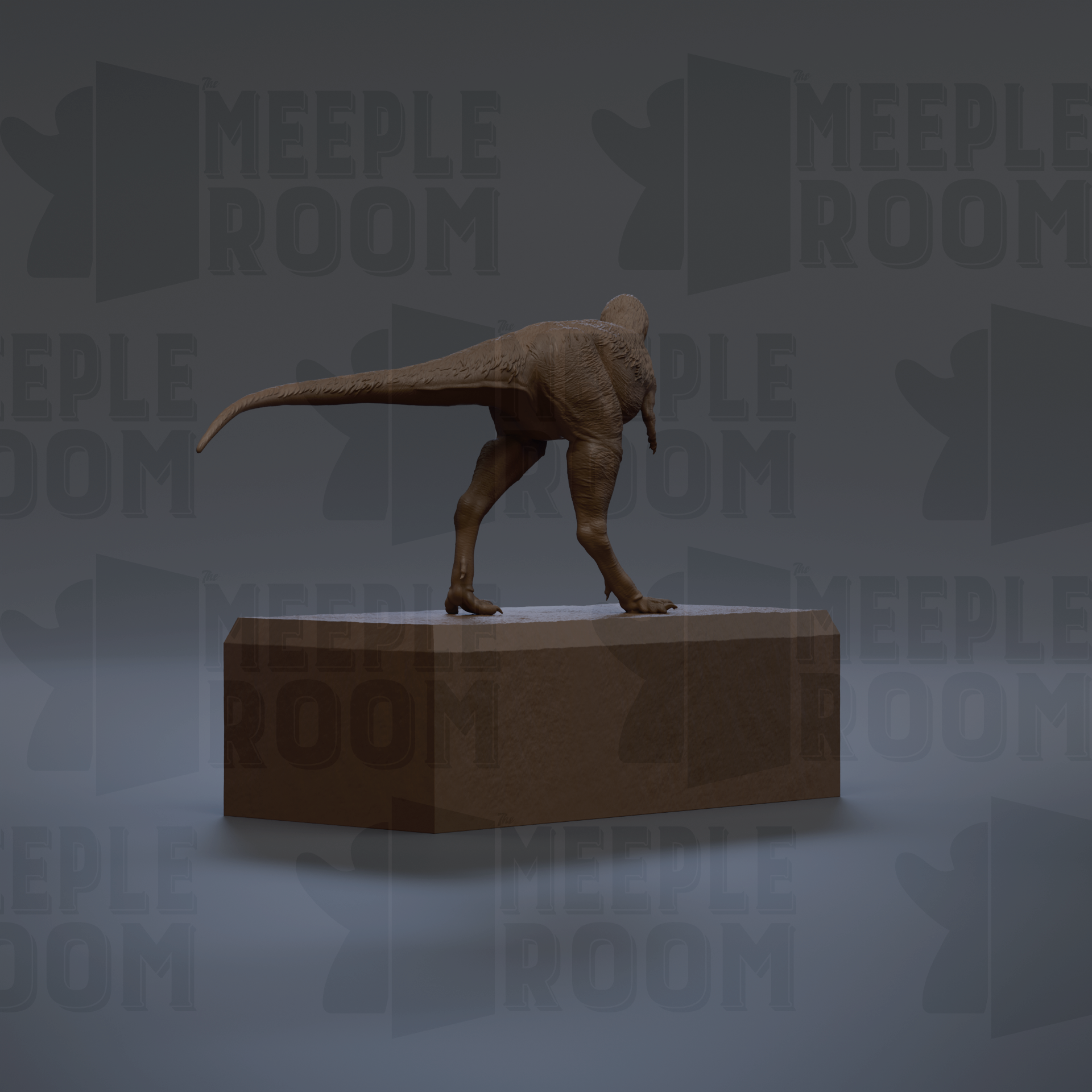A 3D rendering of a dinosaur statue standing on a platform.
