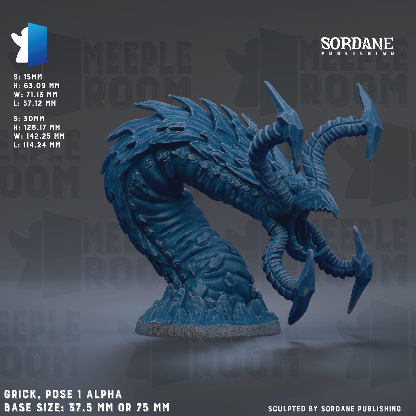 The image is a 3D rendering of a blue, monster-like creature with multiple arms and sharp teeth, resembling a dragon or serpent. The creature is posed in a dynamic, fighting stance, with its head and limbs raised. The image is described as a "grick, pose 1 alpha" and is based on the "MEPLE ROOM" theme. The base size of the sculpture is 37.5 mm or 75 mm, depending on the perspective. The image is described as a "collage of multiple images" and is "sculpted by Sordane Publishing".