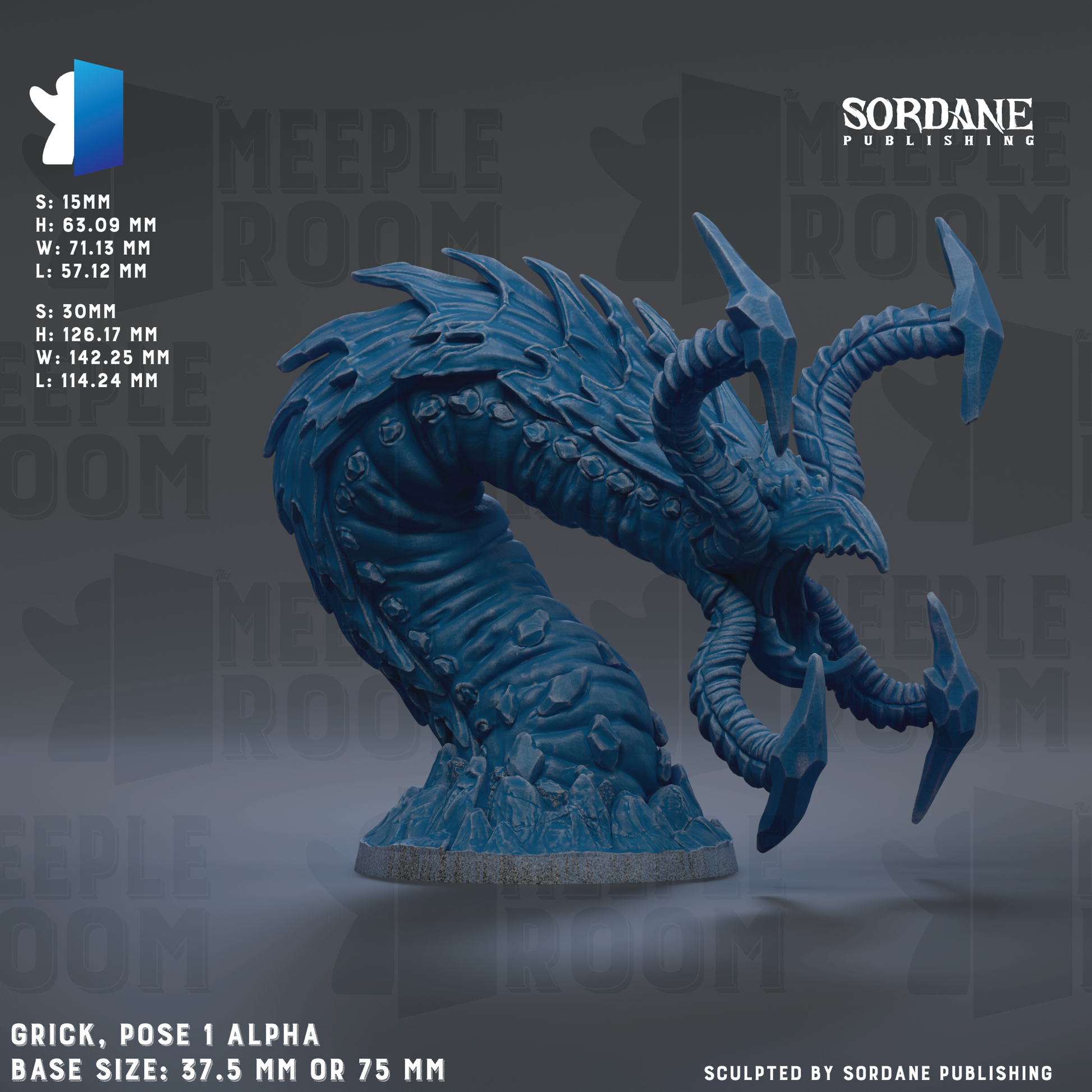 The image is a 3D rendering of a blue, monster-like creature with multiple arms and sharp teeth, resembling a dragon or serpent. The creature is posed in a dynamic, fighting stance, with its head and limbs raised. The image is described as a "grick, pose 1 alpha" and is based on the "MEPLE ROOM" theme. The base size of the sculpture is 37.5 mm or 75 mm, depending on the perspective. The image is described as a "collage of multiple images" and is "sculpted by Sordane Publishing".