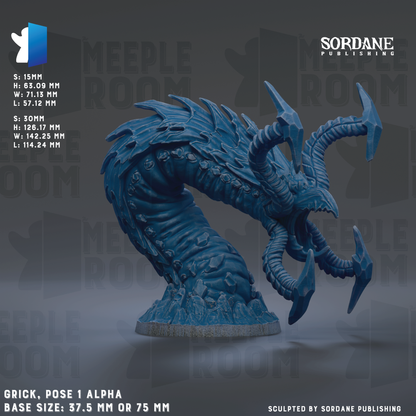 The image is a 3D rendering of a blue, monster-like creature with multiple arms and sharp teeth, resembling a dragon or serpent. The creature is posed in a dynamic, fighting stance, with its head and limbs raised. The image is described as a "grick, pose 1 alpha" and is based on the "MEPLE ROOM" theme. The base size of the sculpture is 37.5 mm or 75 mm, depending on the perspective. The image is described as a "collage of multiple images" and is "sculpted by Sordane Publishing".