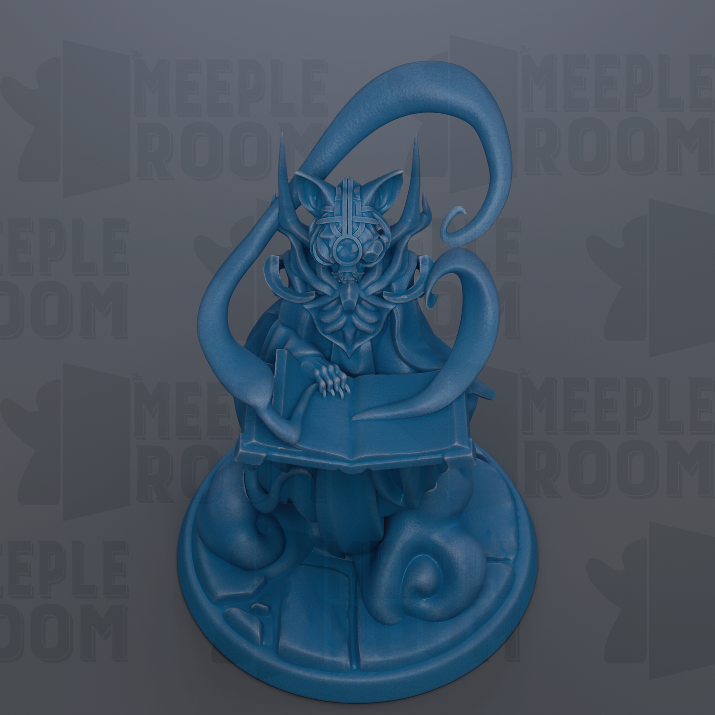 A blue, fantastical creature with a large head and long, curved tail is depicted in the center of the image.
