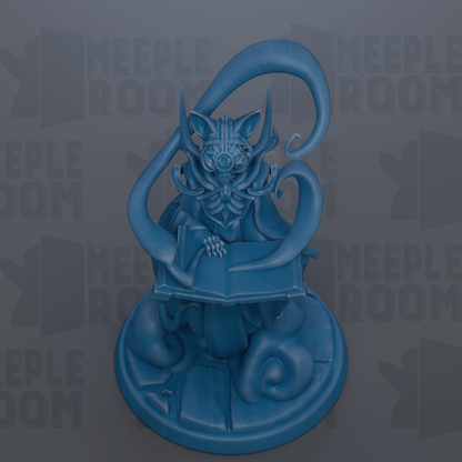 A blue, fantastical creature with a large head and long, curved tail is depicted in the center of the image.