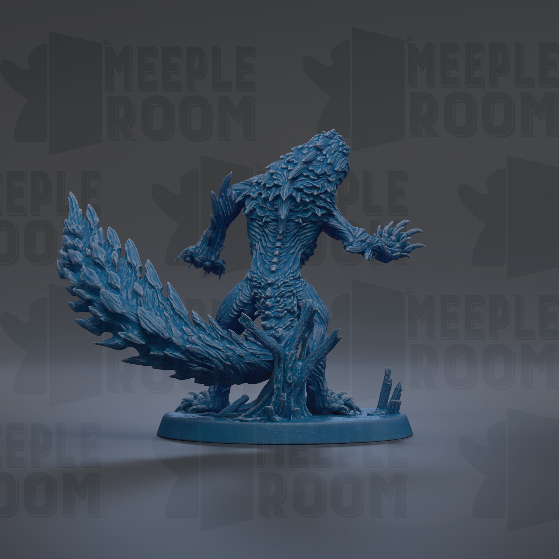 A blue, 3D-rendered figurine of a fantastical creature with sharp teeth and claws, standing on a base and facing away from the camera.
