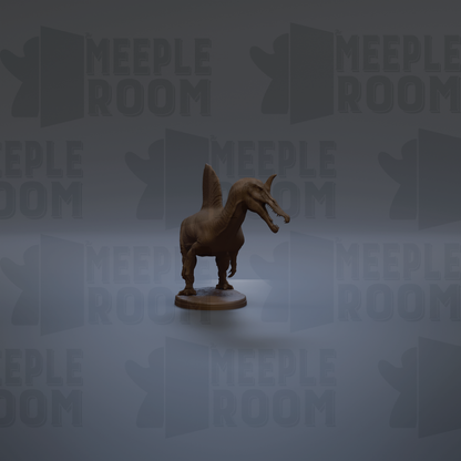 a brown dinosaur figurine standing on a platform against a dark background with repeated text.