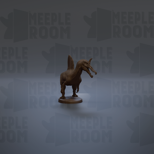 a brown dinosaur figurine standing on a platform against a dark background with repeated text.