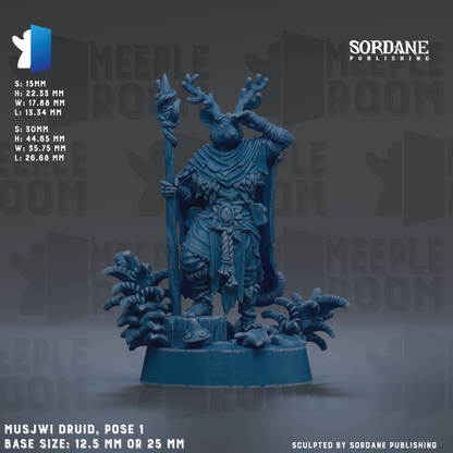 The image is a detailed 3D rendering of a Musi/Wji Druid figurine, with the base size being 12.5 mm or 25 mm. The figurine is posed in a standing position, holding a staff and surrounded by plants. The image is a collage of multiple images, and it is described as a sculpture by Sordane Publishing.